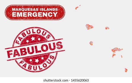 Vector collage of wildfire Marquesas Islands map and red round scratched Fabulous seal stamp. Emergency Marquesas Islands map mosaic of wildfire, power hazard symbols.