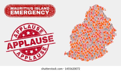 Vector collage of wildfire Mauritius Island map and red rounded grunge Applause stamp. Emergency Mauritius Island map mosaic of wildfire, electric flash elements.