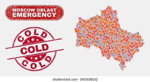 Vector collage of wildfire Moscow Region map and red round scratched Cold stamp. Emergency Moscow Region map mosaic of burning, energy shock symbols. Vector collage for emergency services,