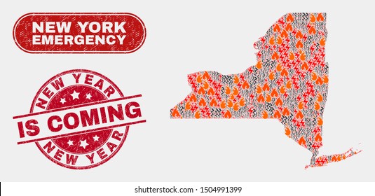 Vector collage of wildfire New York State map and red rounded scratched New Year Is Coming watermark. Emergency New York State map mosaic of flame, power hazard items.