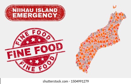Vector collage of wildfire Niihau Island map and red round scratched Fine Food seal. Emergency Niihau Island map mosaic of wildfire, power flash icons. Vector combination for emergency services,