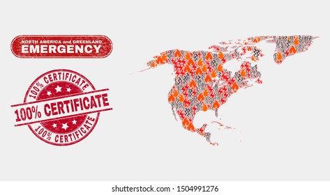 Vector collage of wildfire North America and Greenland map and red round distress 100% Certificate seal stamp. Emergency North America and Greenland map mosaic of destruction,