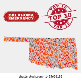 Vector collage of wildfire Oklahoma State map and red rounded scratched Top 10 watermark. Emergency Oklahoma State map mosaic of wildfire, energy hazard elements. Vector collage for guard services,