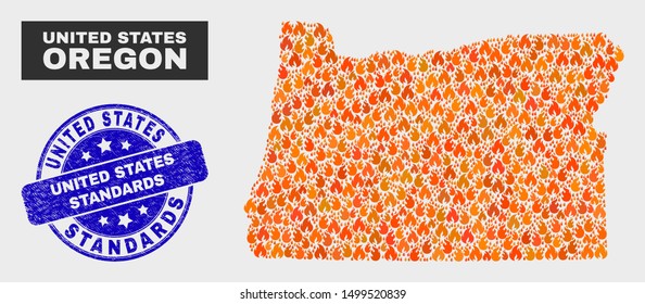 Vector collage of wildfire Oregon State map and blue rounded scratched United States Standards seal. Fiery Oregon State map mosaic of wildfire items. Vector collage for fire protection services,