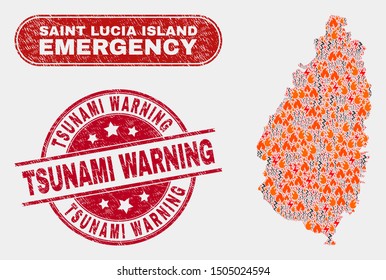 Vector collage of wildfire Saint Lucia Island map and red rounded grunge Tsunami Warning seal. Emergency Saint Lucia Island map mosaic of wildfire, power hazard items.