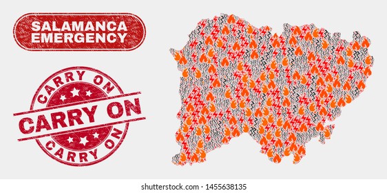 Vector collage of wildfire Salamanca Province map and red round scratched Carry On stamp. Emergency Salamanca Province map mosaic of wildfire, energy shock symbols.