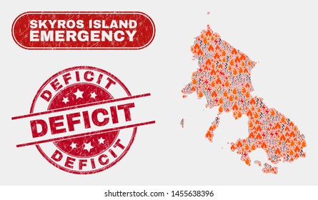 Vector collage of wildfire Skyros Island map and red rounded textured Deficit watermark. Emergency Skyros Island map mosaic of wildfire, electric flash elements.