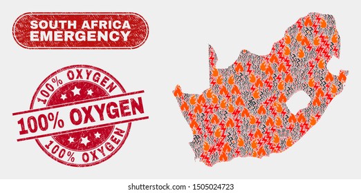 Vector collage of wildfire South African Republic map and red rounded scratched 100% Oxygen seal. Emergency South African Republic map mosaic of fire, energy lightning icons.