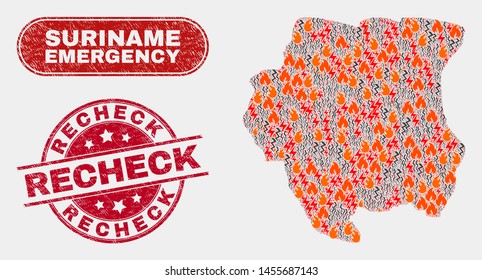 Vector collage of wildfire Suriname map and red round scratched Recheck seal stamp. Emergency Suriname map mosaic of wildfire, energy shock items. Vector combination for fire protection services,