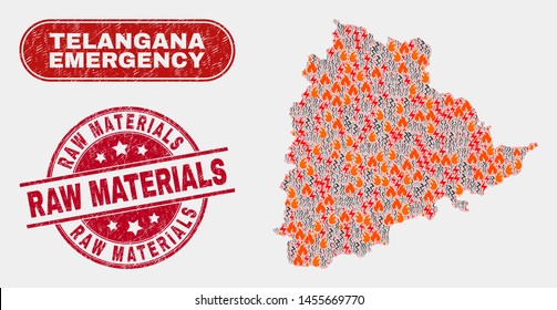 Vector collage of wildfire Telangana State map and red round textured Raw Materials seal stamp. Emergency Telangana State map mosaic of wildfire, electric shock icons.