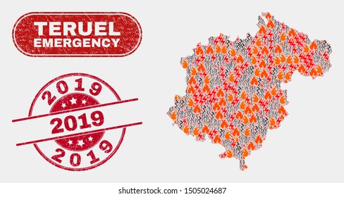 Vector collage of wildfire Teruel Province map and red rounded scratched 2019 seal stamp. Emergency Teruel Province map mosaic of wildfire, electric strike symbols.
