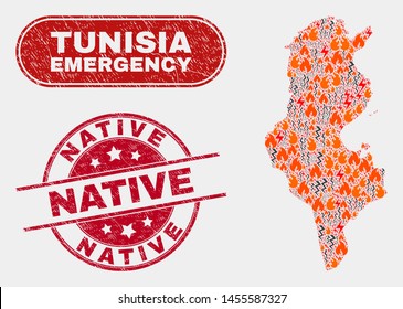 Vector collage of wildfire Tunisia map and red round textured Native watermark. Emergency Tunisia map mosaic of wildfire, energy lightning symbols. Vector collage for emergency services,