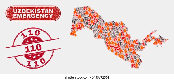 Vector collage of wildfire Uzbekistan map and red rounded grunge 110 stamp. Emergency Uzbekistan map mosaic of wildfire, power hazard icons. Vector collage for fire protection services,