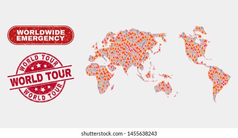 Vector collage of wildfire worldwide map and red rounded scratched World Tour seal. Emergency worldwide map mosaic of wildfire, power strike icons. Vector combination for emergency services,