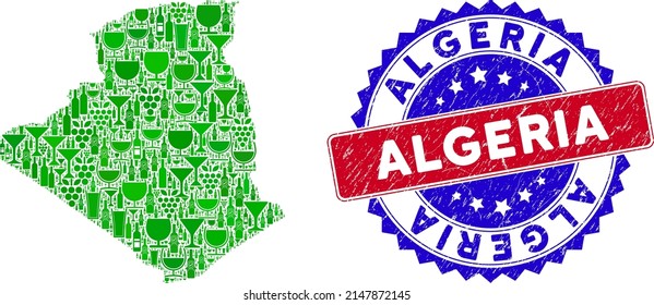 Vector collage of wine Algeria map with grunge bicolor Algeria seal stamp. Red and blue bicolored seal with grunge texture and Algeria phrase. Algeria map collage formed with wine cups,