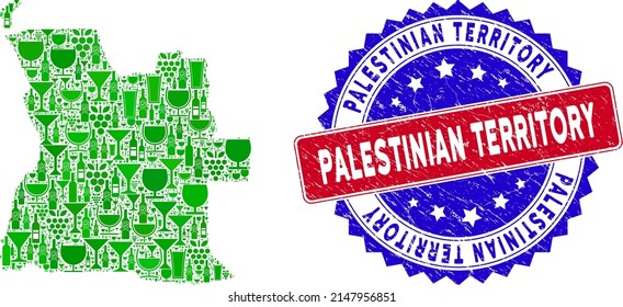 Collage vectorial del mapa del vino Angola con el sello del territorio palestino bicolor. Marca de agua bicolores roja y azul con superficie de caucho y etiqueta Territorio Palestino.