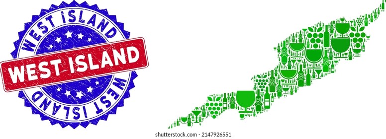Vector collage of wine Anguilla Island map with grunge bicolor West Island seal. Red and blue bicolored seal with unclean texture and West Island phrase.