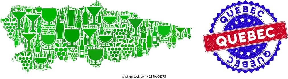 Vector collage of wine Asturias Province map and grunge bicolor Quebec stamp. Red and blue bicolored stamp with grunge style and Quebec word. Asturias Province map collage created with wine glasses,