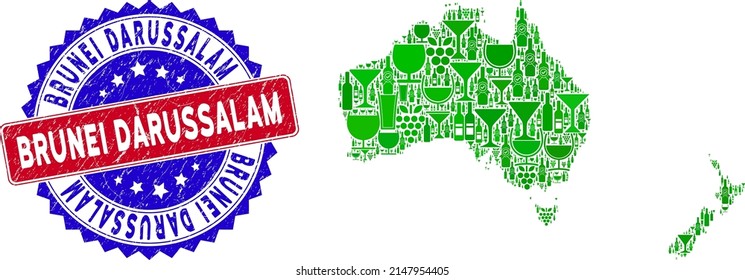Vector collage of wine Australia and New Zealand map and grunge bicolor Brunei Darussalam seal. Red and blue bicolored seal with unclean style and Brunei Darussalam word.