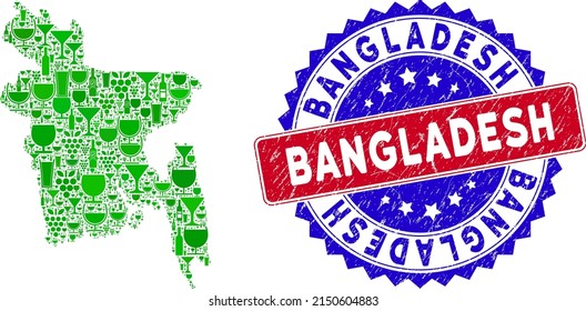 Vector collage of wine Bangladesh map with grunge bicolor Bangladesh seal stamp. Red and blue bicolored stamp with rubber surface and Bangladesh text.