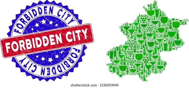 Vector collage of wine Beijing City map and grunge bicolor Forbidden City stamp. Red and blue bicolored stamp with scratched surface and Forbidden City text.