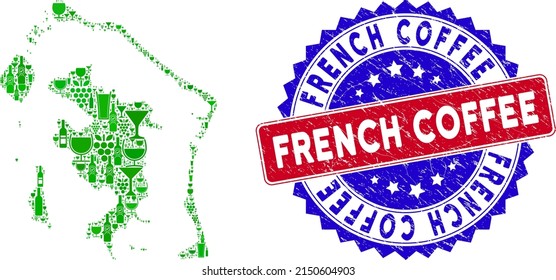 Vector collage of wine Bora-Bora map and grunge bicolor French Coffee seal. Red and blue bicolored badge with grunge texture and French Coffee word. Bora-Bora map collage designed with wine glasses,