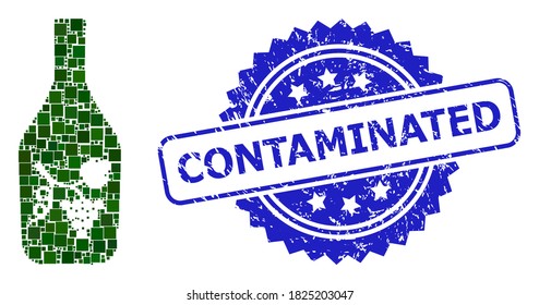 Vector collage wine bottle, and Contaminated textured rosette stamp seal. Blue seal has Contaminated title inside rosette. Square elements are arranged into abstract collage wine bottle icon.