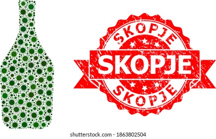 Vector collage wine bottle of virus, and Skopje scratched ribbon stamp. Virus cells inside wine bottle collage. Red stamp contains Skopje caption inside ribbon.