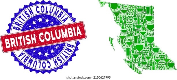 Collage vectorial del vino de la provincia de Columbia Británica con el sello de la Columbia Británica bicolor. Sello bicolor rojo y azul con textura de angustia y etiqueta de Columbia Británica.