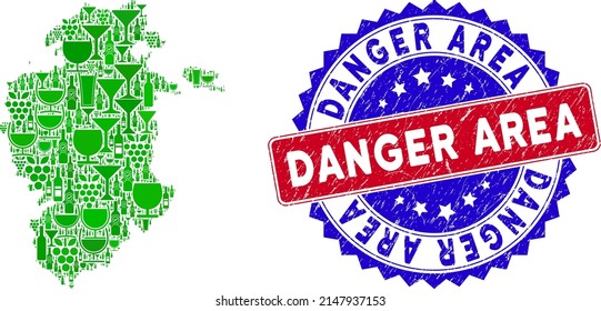 Vector collage of wine Burgos Province map with grunge bicolor Danger Area seal. Red and blue bicolored seal with scratched style and Danger Area text.
