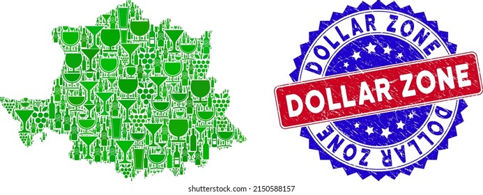 Vector collage of wine Caceres Province map and grunge bicolor Dollar Zone seal. Red and blue bicolored seal with grunge style and Dollar Zone caption.