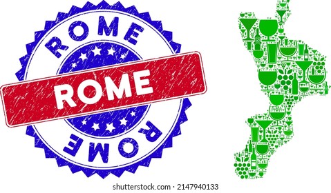 Vector collage of wine Calabria region map with grunge bicolor Rome seal. Red and blue bicolored stamp with grunge style and Rome phrase. Calabria region map collage formed with wine glasses,