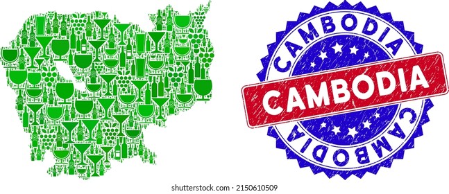 Vector collage of wine Cambodia map and grunge bicolor Cambodia stamp. Red and blue bicolored seal with grunge style and Cambodia word. Cambodia map collage formed with wine glasses,