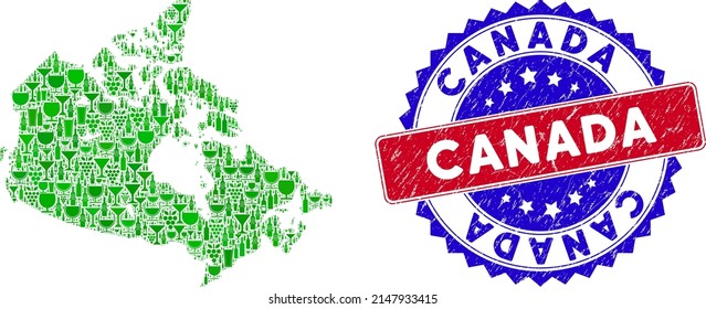 Vector collage of wine Canada map with grunge bicolor Canada stamp. Red and blue bicolored badge with grunge style and Canada caption. Canada map collage designed with wine cups,
