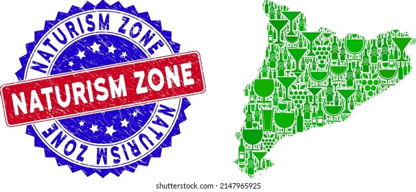 Collage vectorial del mapa del vino de Cataluña con sello de sello de la zona de naturismo bicolor. Sello bicolor rojo y azul con textura corroída y frase de la zona de naturismo.