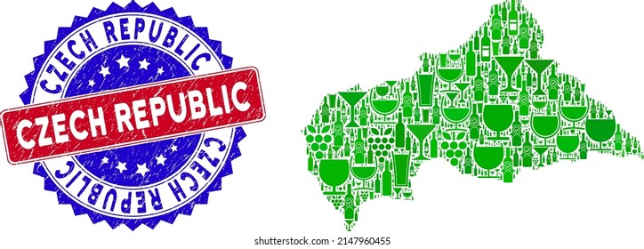 Vector collage of wine Central African Republic map with grunge bicolor Czech Republic seal stamp. Red and blue bicolored watermark with corroded style and Czech Republic slogan.