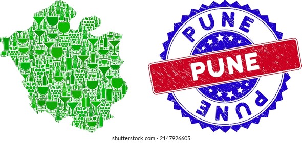 Vector collage of wine Chandigarh City map with grunge bicolor Pune seal. Red and blue bicolored seal with distress surface and Pune slogan. Chandigarh City map collage is designed with wine cups,