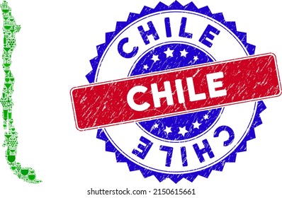 Vector collage of wine Chile map and grunge bicolor Chile stamp. Red and blue bicolored watermark with grunge style and Chile text. Chile map collage designed with wine cups,