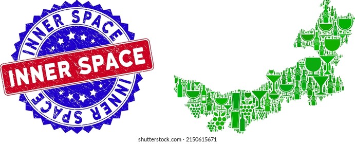 Vector collage of wine Chinese Inner Mongolia map with grunge bicolor Inner Space seal stamp. Red and blue bicolored badge with distress surface and Inner Space slogan.