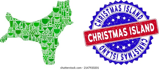 Vector collage of wine Christmas Island map and grunge bicolor Christmas Island stamp. Red and blue bicolored watermark with distress style and Christmas Island tag.