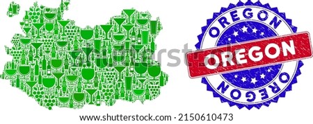 Vector collage of wine Ciudad Real Province map and grunge bicolor Oregon seal stamp. Red and blue bicolored seal with unclean surface and Oregon tag.