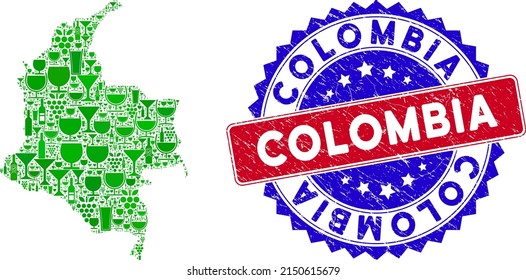 Vector collage of wine Colombia map with grunge bicolor Colombia stamp. Red and blue bicolored stamp with rubber surface and Colombia caption. Colombia map collage is designed with wine cups,