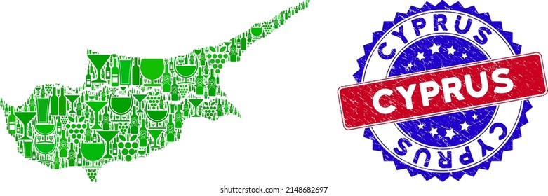 Vector collage of wine Cyprus countries map with grunge bicolor Cyprus seal stamp. Red and blue bicolored seal with rubber texture and Cyprus word. Cyprus countries map collage created with wine cups,