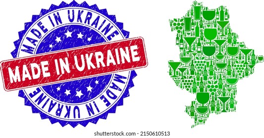 Vector collage of wine Donetsk Republic map with grunge bicolor Made in Ukraine seal stamp. Red and blue bicolored seal with grunge texture and Made in Ukraine caption.