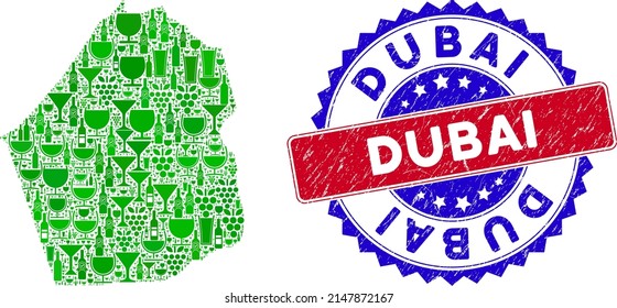 Vector collage of wine Dubai Emirate map and grunge bicolor Dubai seal stamp. Red and blue bicolored seal with distress style and Dubai text. Dubai Emirate map collage composed with wine glasses,