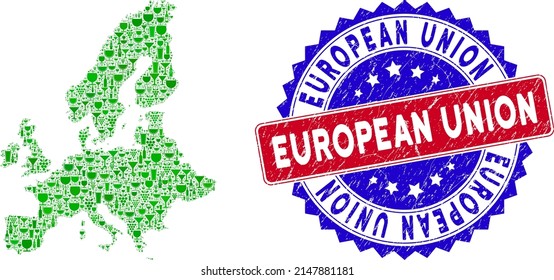 Vector collage of wine European Union map with grunge bicolor European Union seal. Red and blue bicolored seal with corroded style and European Union word.
