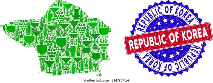Vector collage of wine Faial Island map with grunge bicolor Republic of Korea seal stamp. Red and blue bicolored stamp with corroded style and Republic of Korea slogan.