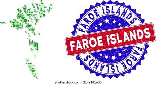 Vector collage of wine Faroe Islands map with grunge bicolor Faroe Islands seal stamp. Red and blue bicolored imprint with grunge style and Faroe Islands phrase.