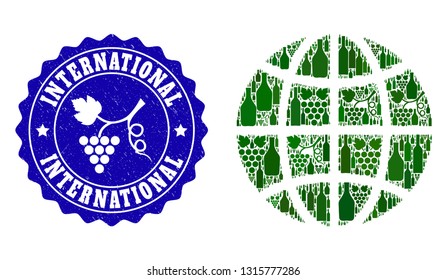 Vector collage of wine global map of world and grape grunge stamp. Global map of world collage created with bottles and grape berries bunches.