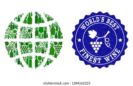 Vector collage of wine globe and finest grape wine grunge seal. Globe collage created with bottles and grape berries bunches.
